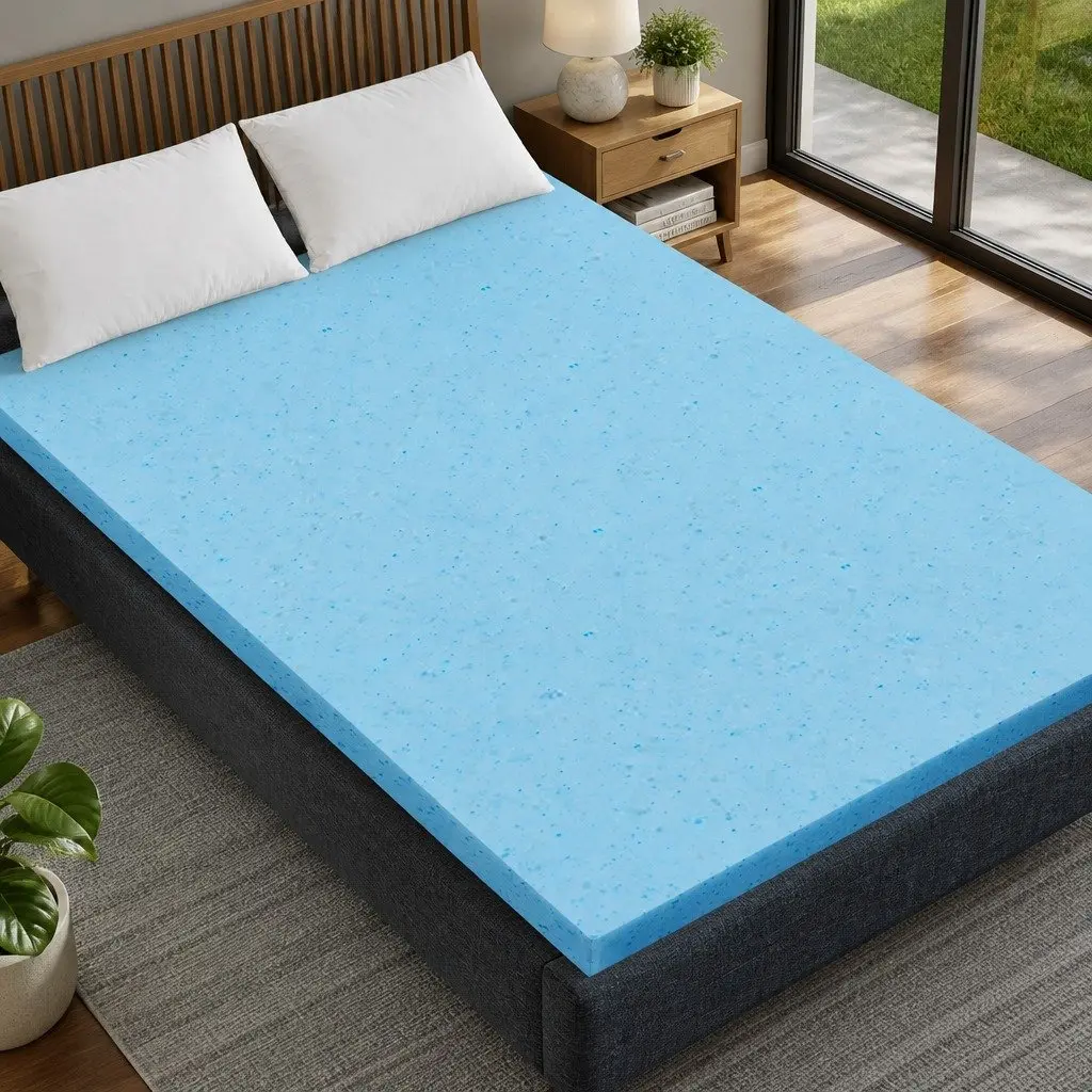 Memory Foam Mattress Topper 5cm Cool Gel King Single Bamboo Cover White Blue