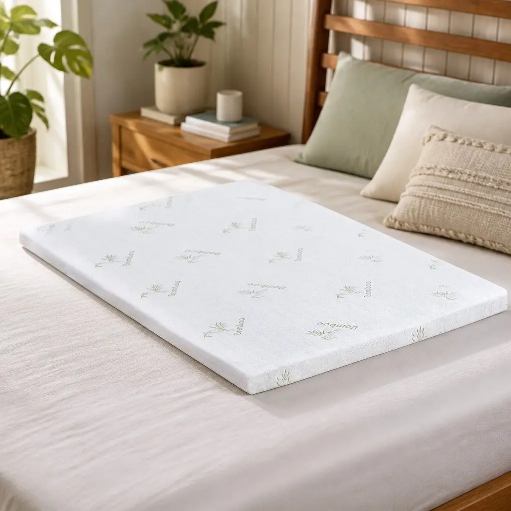 Memory Foam Mattress Topper Cool Gel Infused 5cm Thickness Double Bed Bamboo Fabric White and Blue