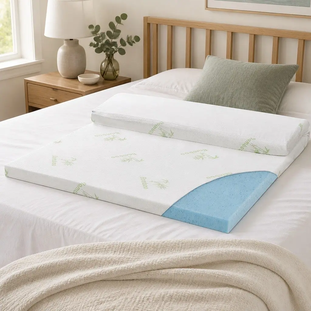 Memory Foam Mattress Topper Cool Gel Infused 5cm Thickness Double Bed Bamboo Fabric White and Blue