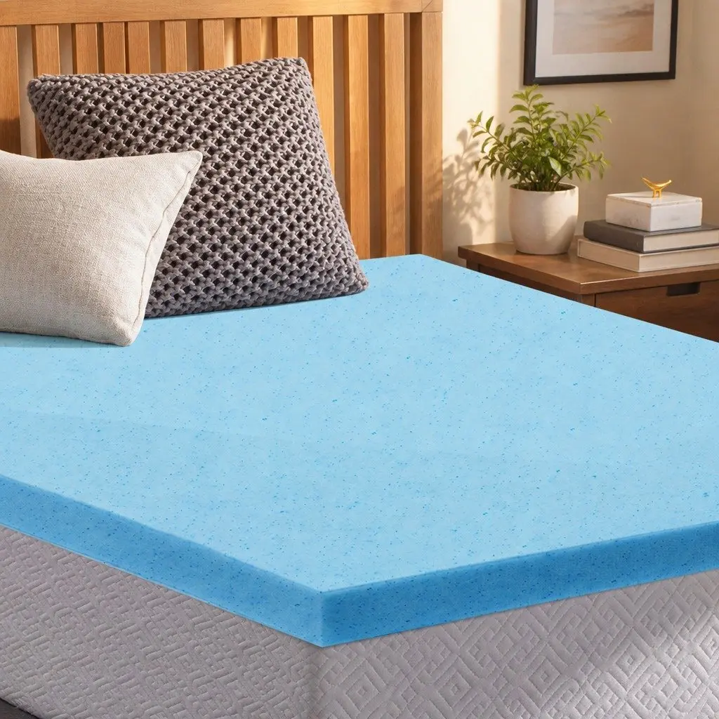 Memory Foam Mattress Topper Cool Gel Infused 5cm Thickness Double Bed Bamboo Fabric White and Blue