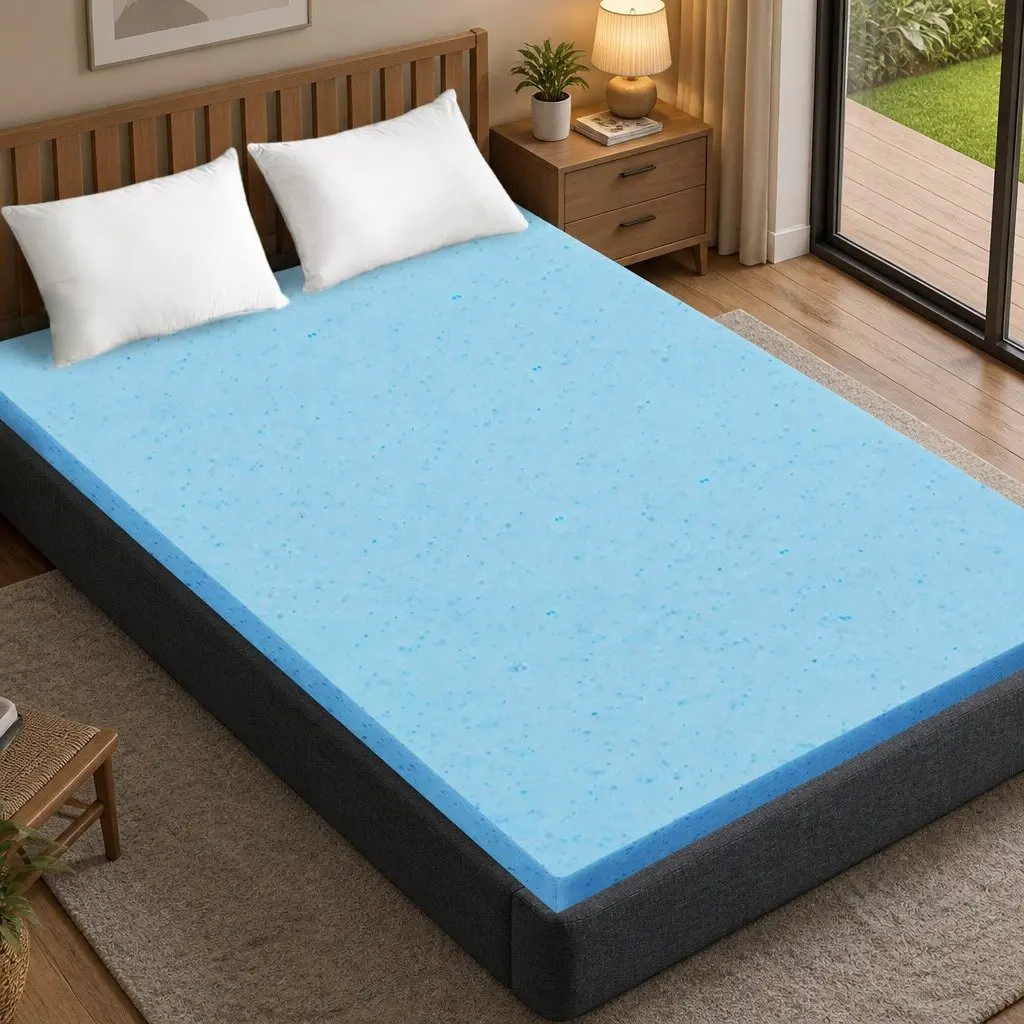 Memory Foam Mattress Topper Cool Gel Infused 5cm Thickness Double Bed Bamboo Fabric White and Blue