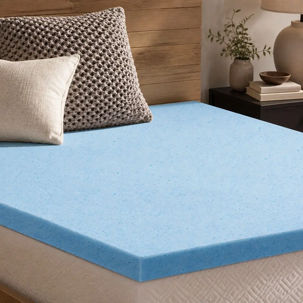 Memory Foam Mattress Topper 5cm Cool Gel Infused Queen Size White and Blue