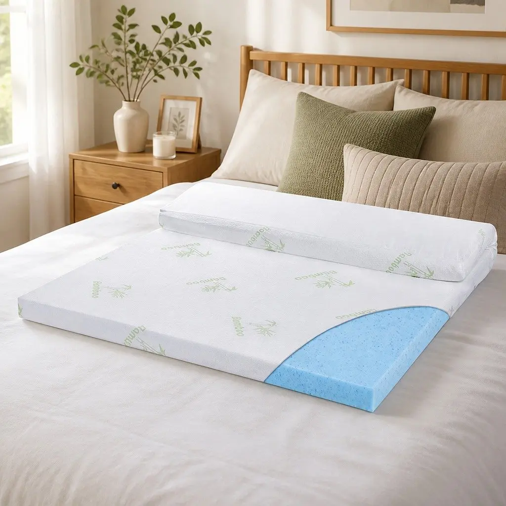 Memory Foam Mattress Topper Cool Gel 5cm Single Bed White and Blue