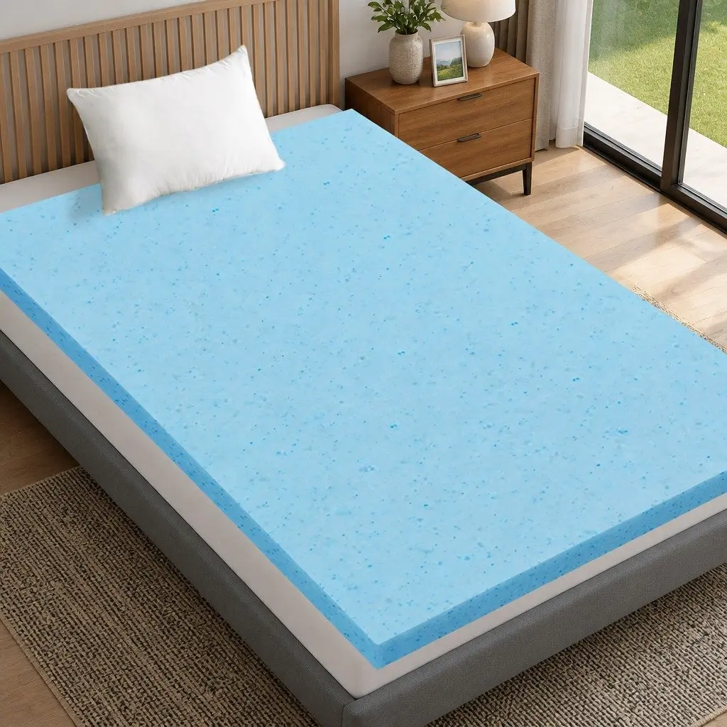 Memory Foam Mattress Topper Cool Gel 5cm Single Bed White and Blue