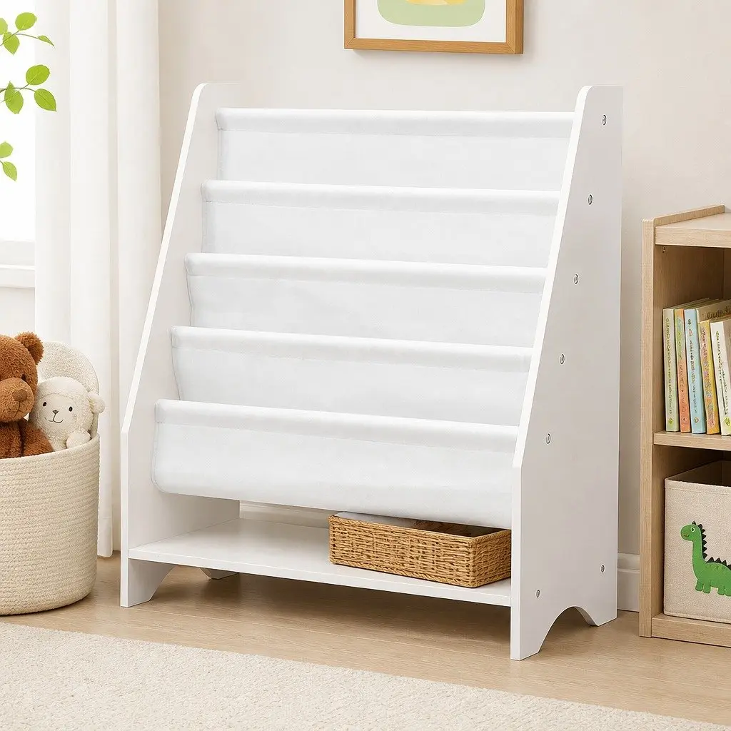 Kids Bookshelf 4-Tier MDF White Storage Organiser Non-Woven Fabric Open Shelves Display