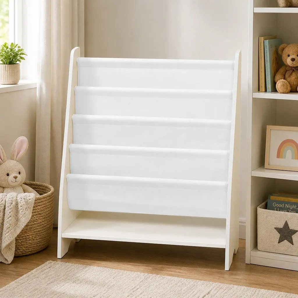Kids Bookshelf 4-Tier MDF White Storage Organiser Non-Woven Fabric Open Shelves Display