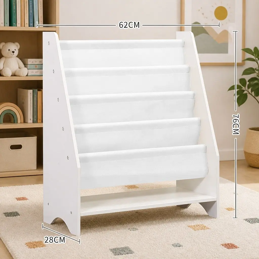 Kids Bookshelf 4-Tier MDF White Storage Organiser Non-Woven Fabric Open Shelves Display