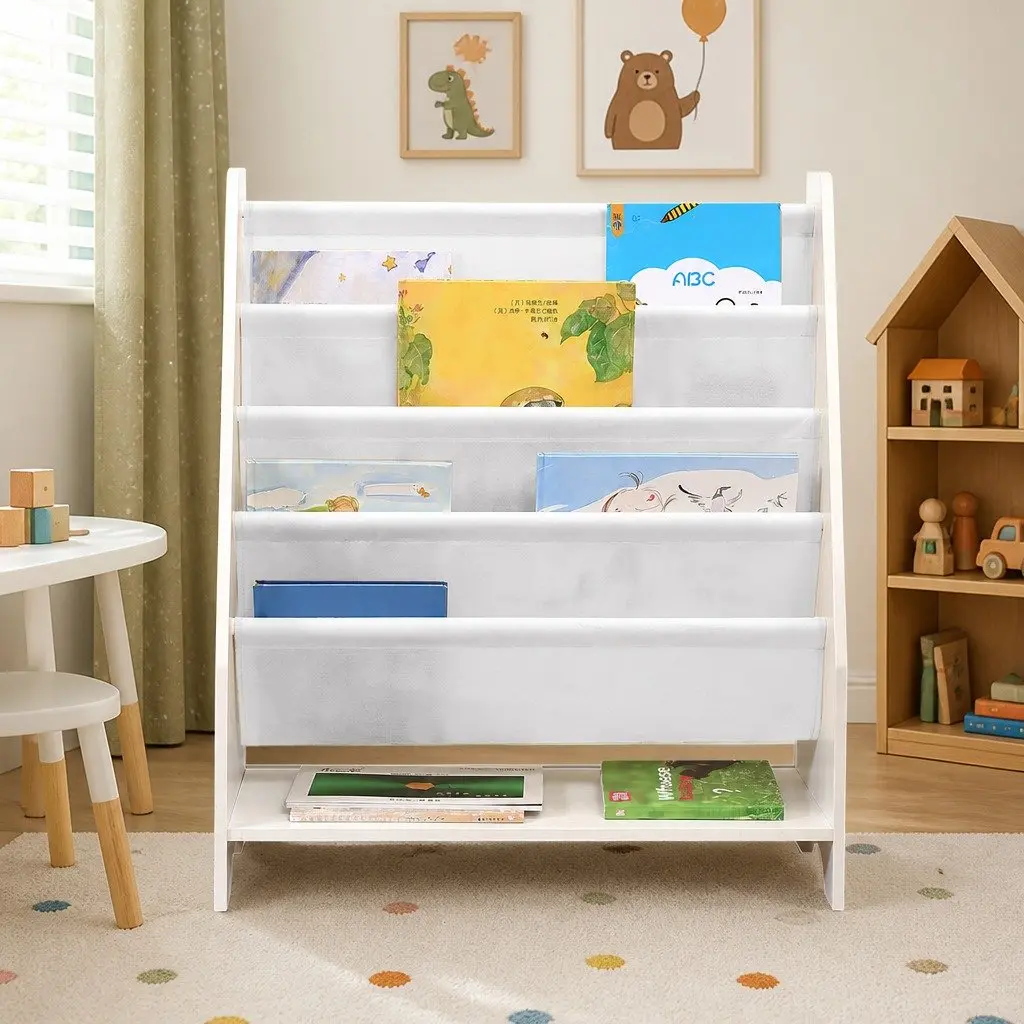 Kids Bookshelf 4-Tier MDF White Storage Organiser Non-Woven Fabric Open Shelves Display