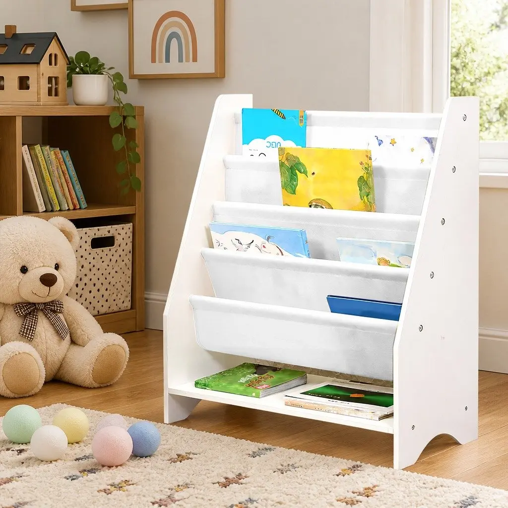 Kids Bookshelf 4-Tier MDF White Storage Organiser Non-Woven Fabric Open Shelves Display