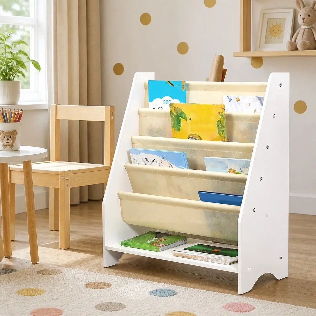 Kids Bookshelf 4-Tier MDF White Storage Organiser Non-Woven Fabric Open Shelves Display