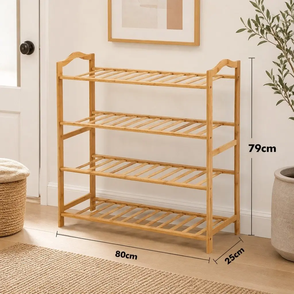 Bamboo Shoe Rack Storage 80cm Wide 4 Tier Wooden Natural Organiser