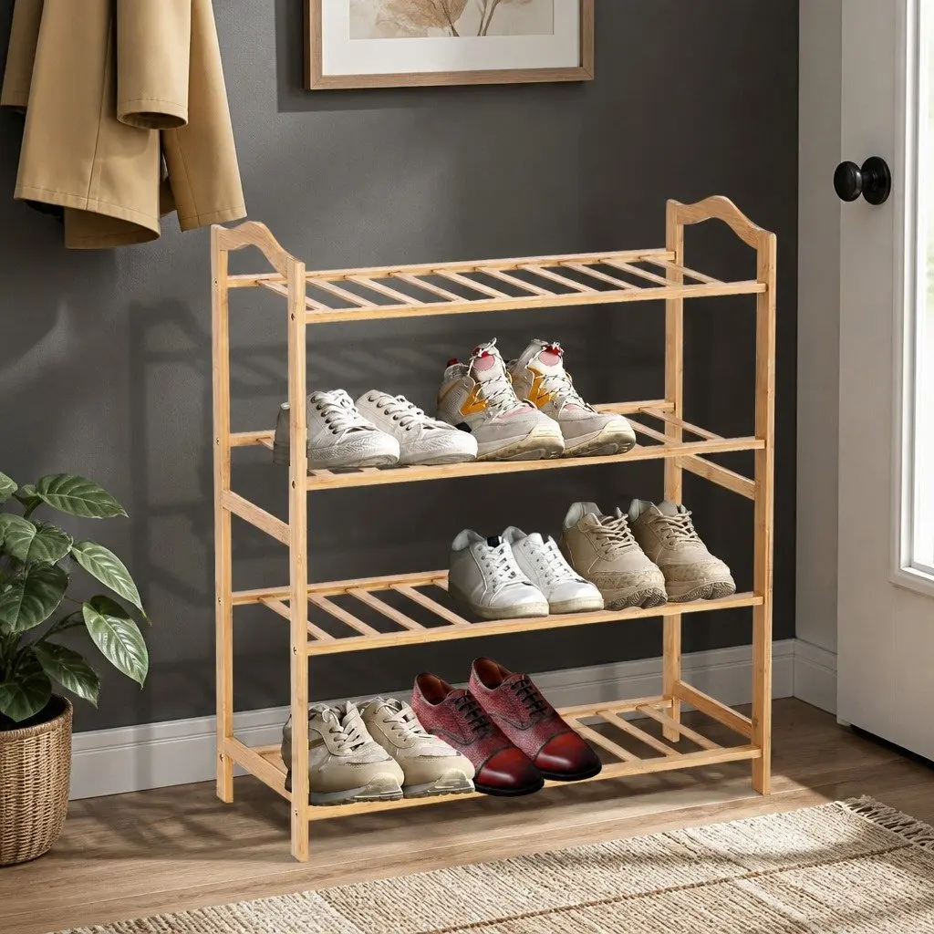 Bamboo Shoe Rack Storage 80cm Wide 4 Tier Wooden Natural Organiser