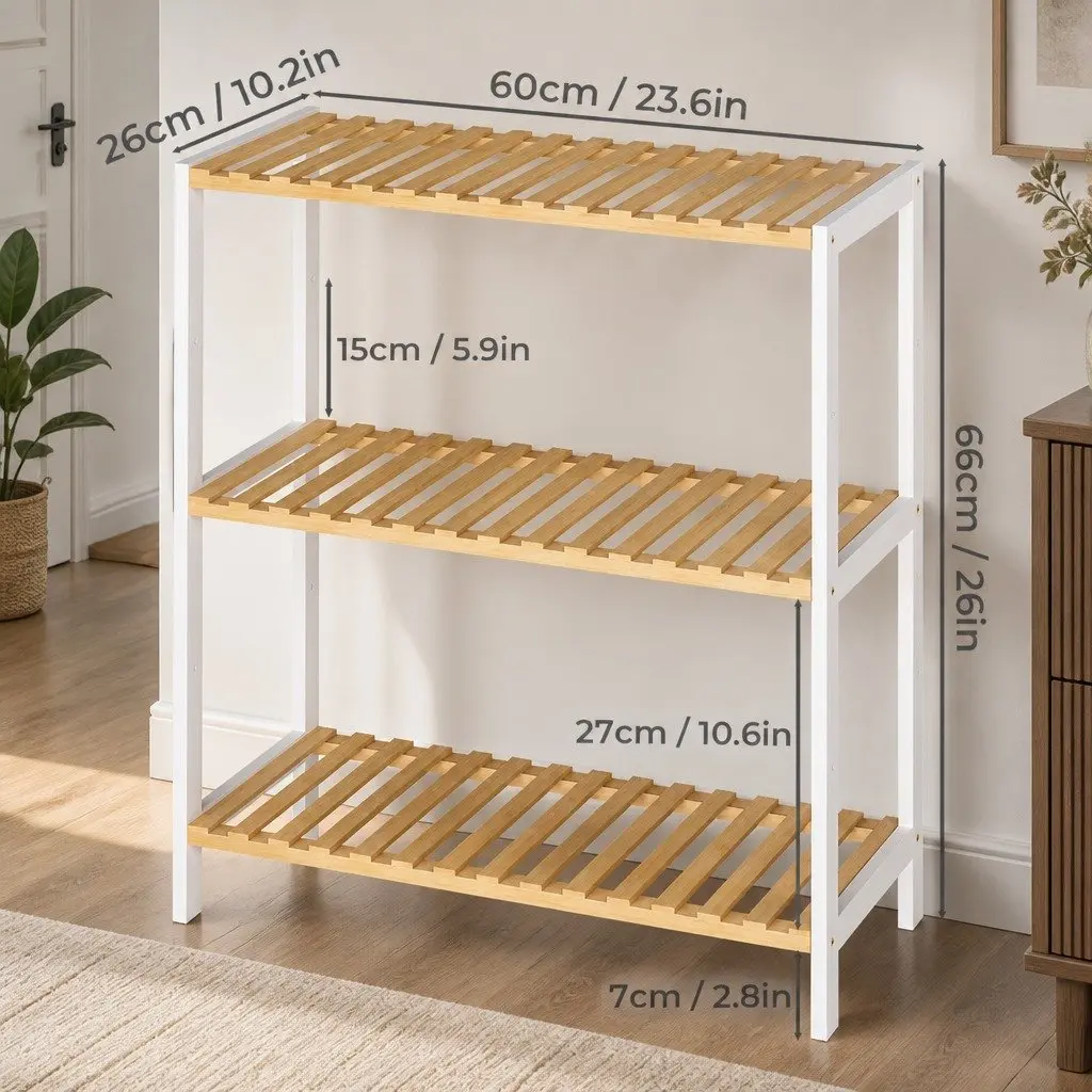 Bamboo 3 Tier Shelf Storage Rack Organiser for Shoes Plants Books White and Natural 60cm x 26cm x 66cm
