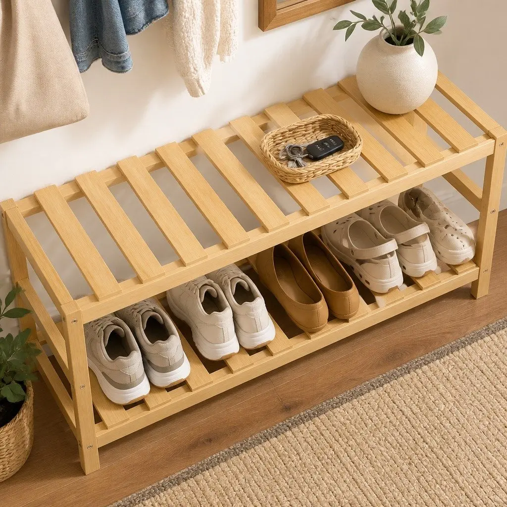 Bamboo 3 Tier Shelf Storage Rack Organiser for Shoes Plants Books White and Natural 60cm x 26cm x 66cm