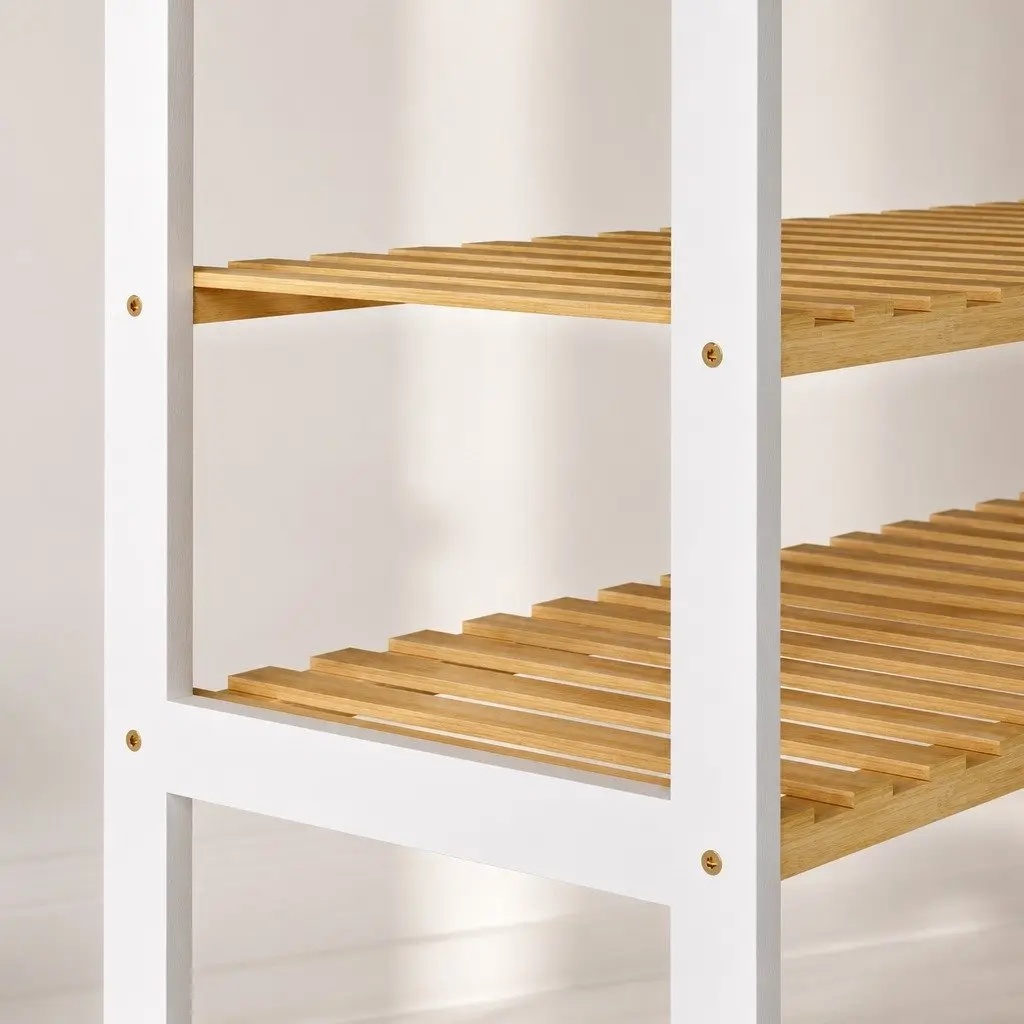 Bamboo 3 Tier Shelf Storage Rack Organiser for Shoes Plants Books White and Natural 60cm x 26cm x 66cm
