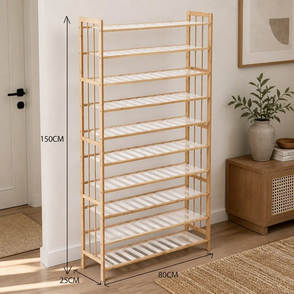 Bamboo Shoe Organizer Natural 80cm Wide 10 Tier Wooden Rack Storage for Hallway
