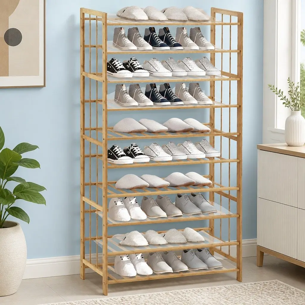 Bamboo Shoe Organizer Natural 80cm Wide 10 Tier Wooden Rack Storage for Hallway