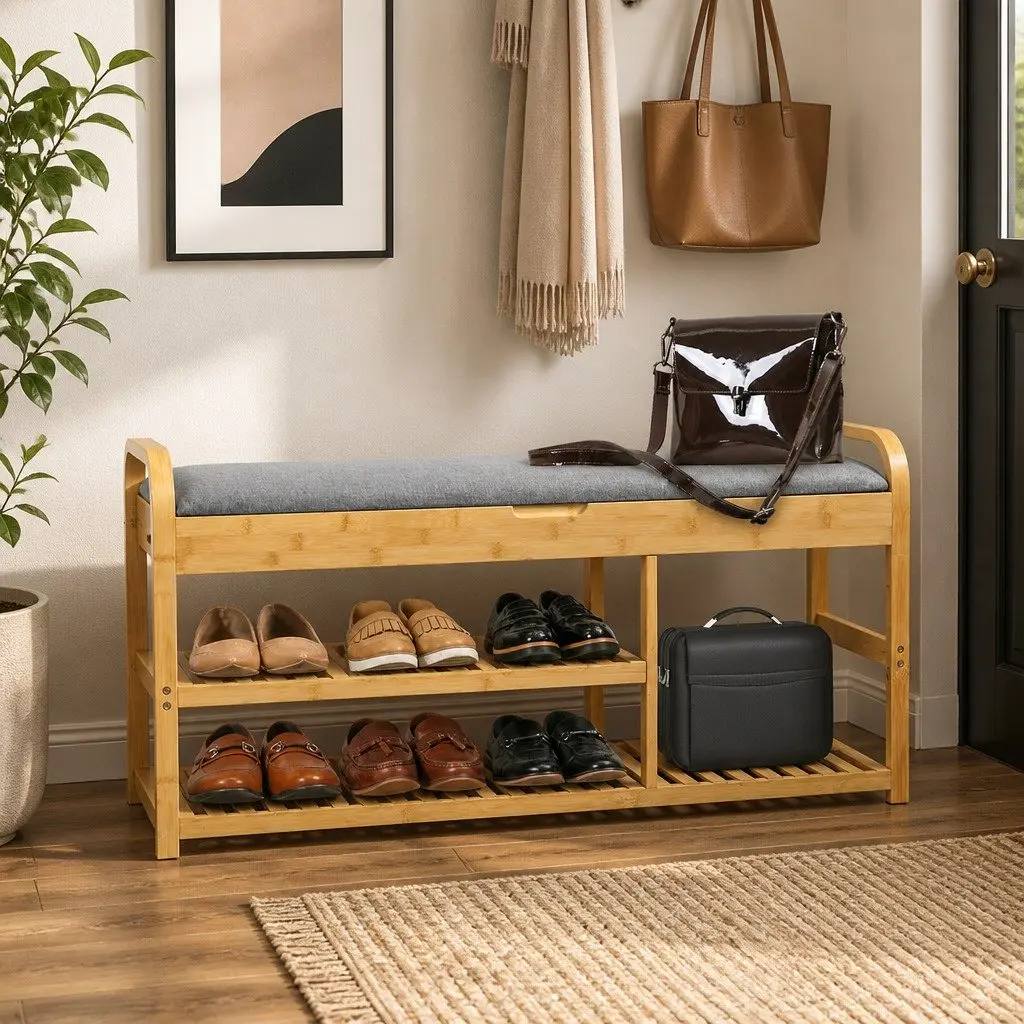 Bamboo Storage Bench with Hidden Compartment and Padded Seat Natural 100cm Shoe Rack for Entryway and Living Room