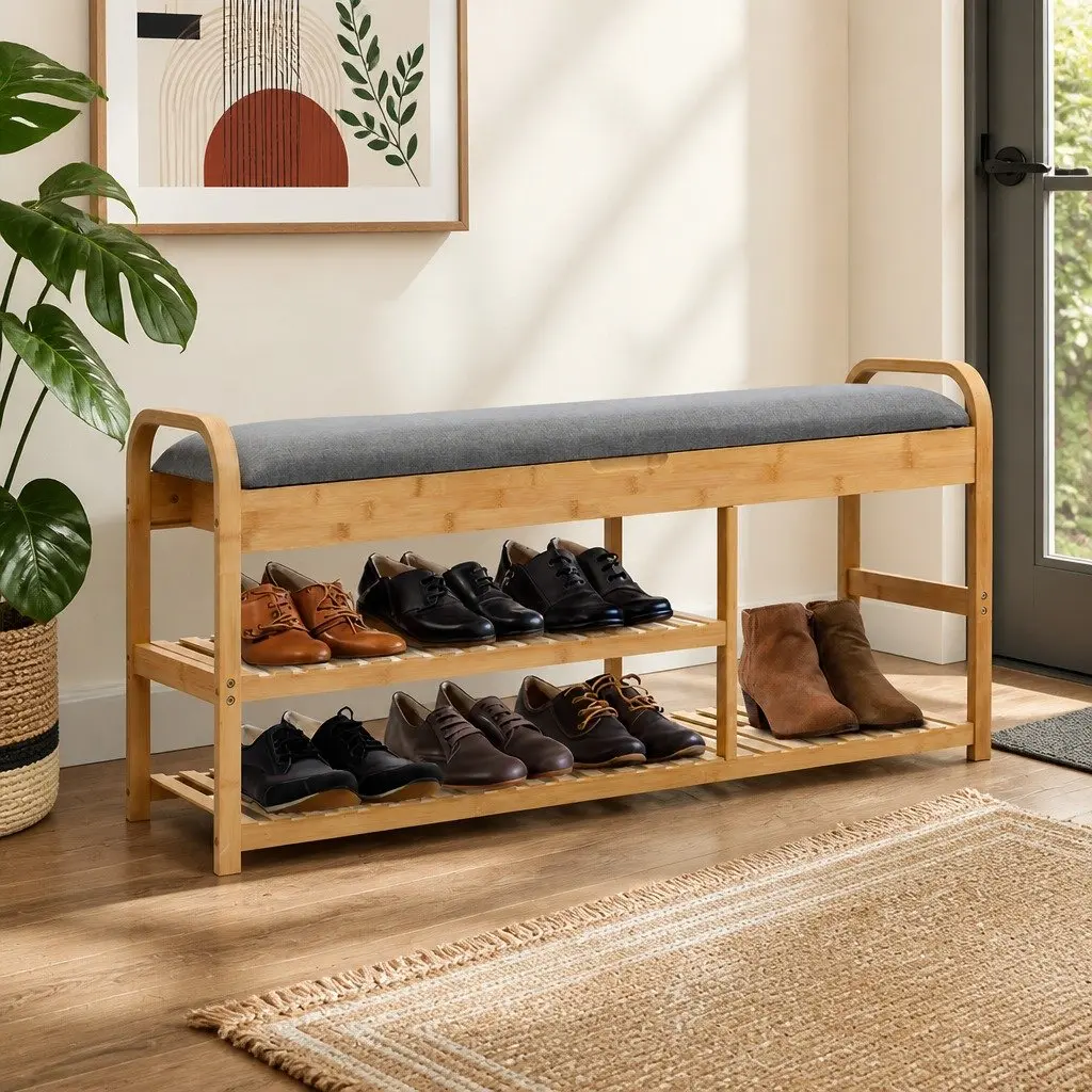 Bamboo Storage Bench with Hidden Compartment and Padded Seat Natural 100cm Shoe Rack for Entryway and Living Room
