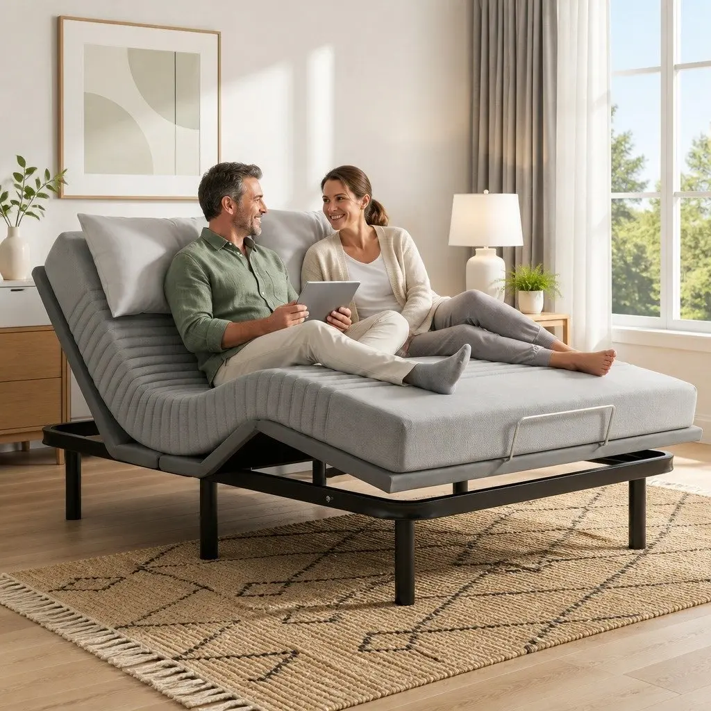 Electric Adjustable Bed Frame Double with Memory Foam Mattress 15cm Thick Grey and Black Zero Gravity Positioning
