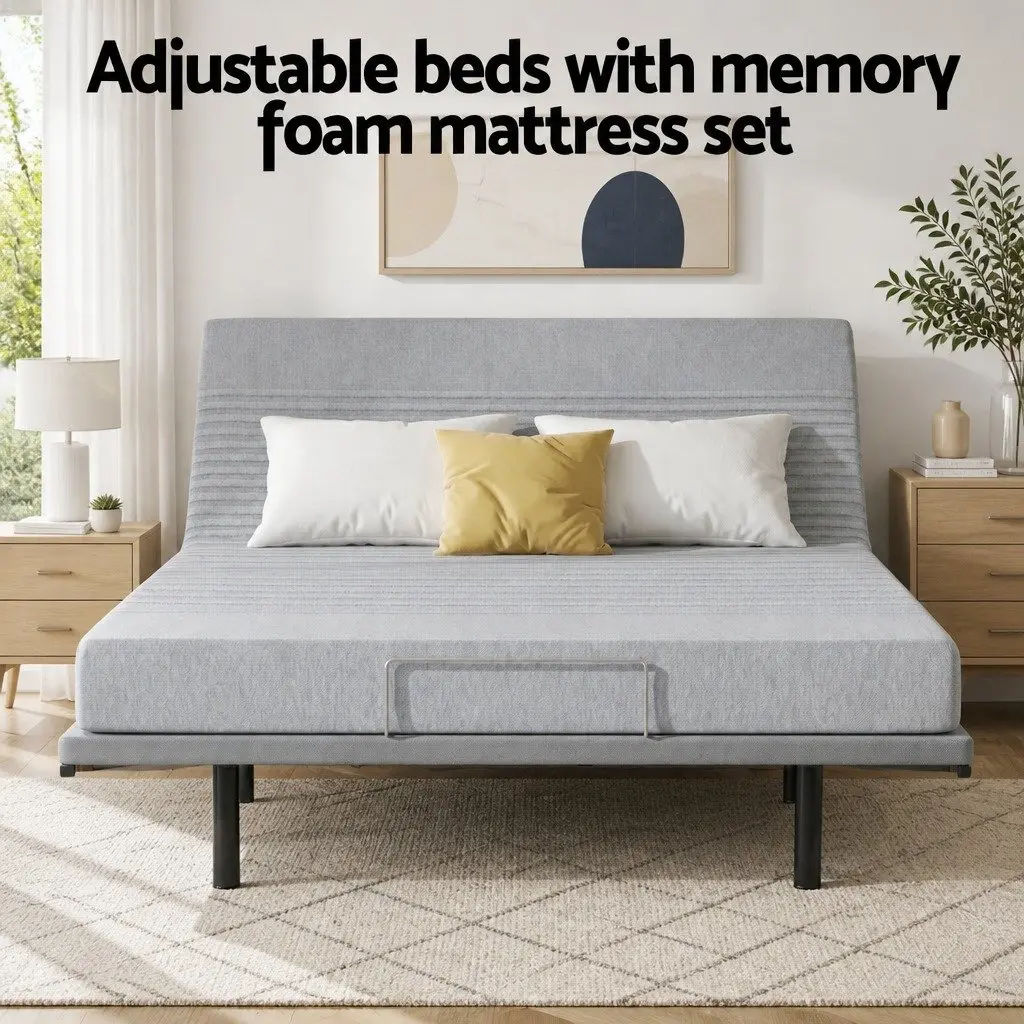 Electric Adjustable Bed Frame Double with Memory Foam Mattress 15cm Thick Grey and Black Zero Gravity Positioning