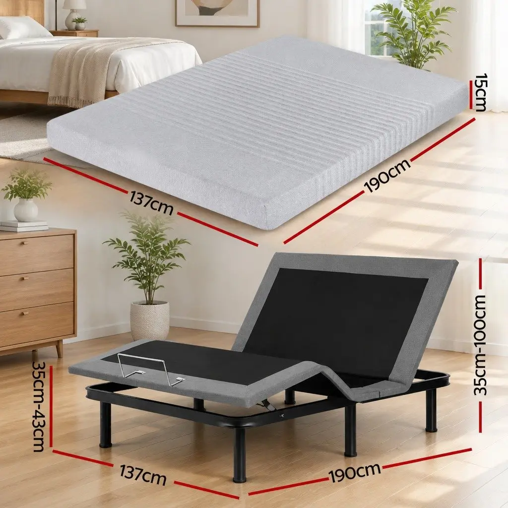 Electric Adjustable Bed Frame Double with Memory Foam Mattress 15cm Thick Grey and Black Zero Gravity Positioning