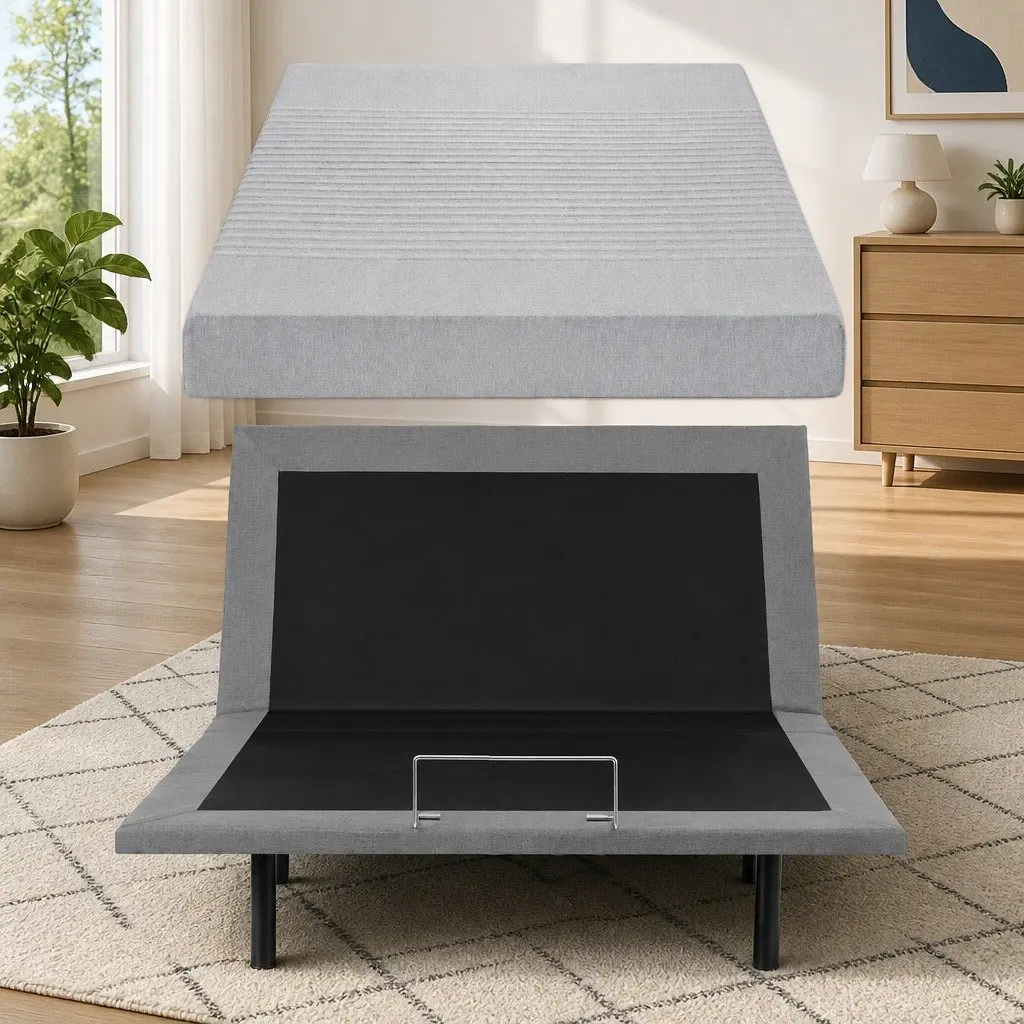 Electric Adjustable Bed Frame Double with Memory Foam Mattress 15cm Thick Grey and Black Zero Gravity Positioning