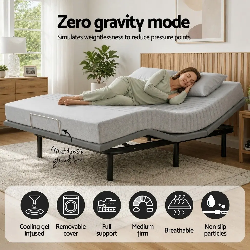 Electric Adjustable Bed Frame Double with Memory Foam Mattress 15cm Thick Grey and Black Zero Gravity Positioning