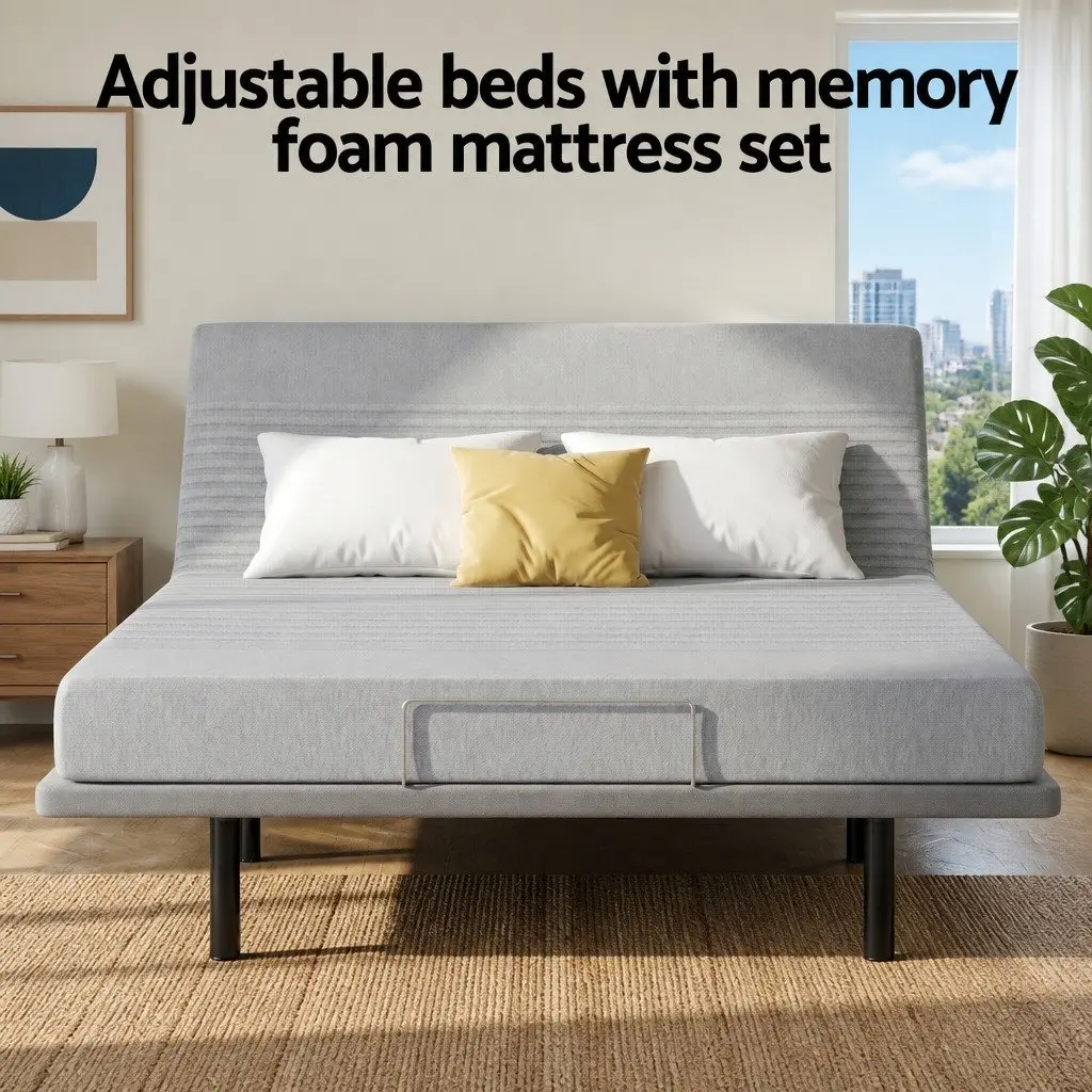 King Adjustable Electric Bed Frame with 15cm Thick Memory Foam Mattress Grey and Black