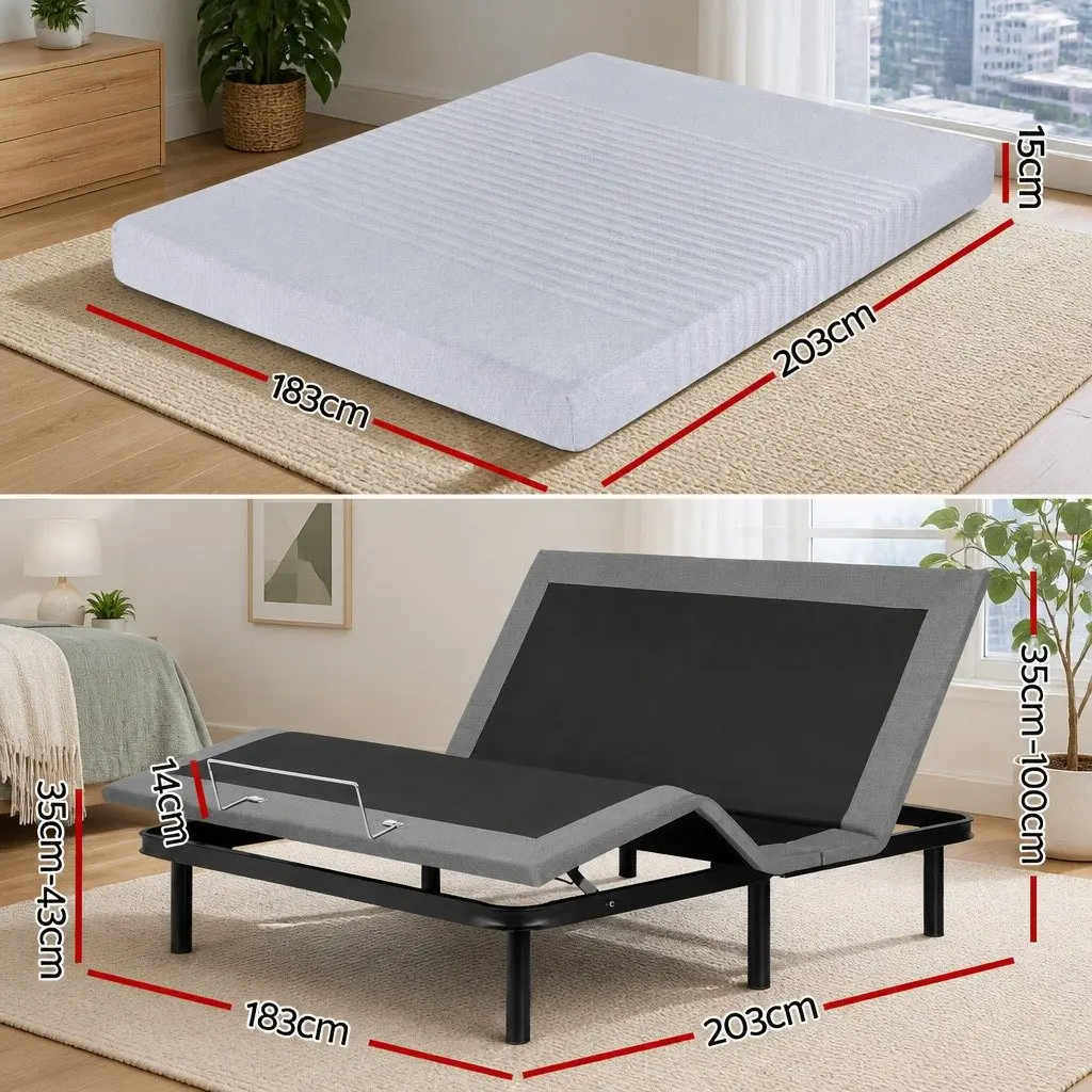 King Adjustable Electric Bed Frame with 15cm Thick Memory Foam Mattress Grey and Black