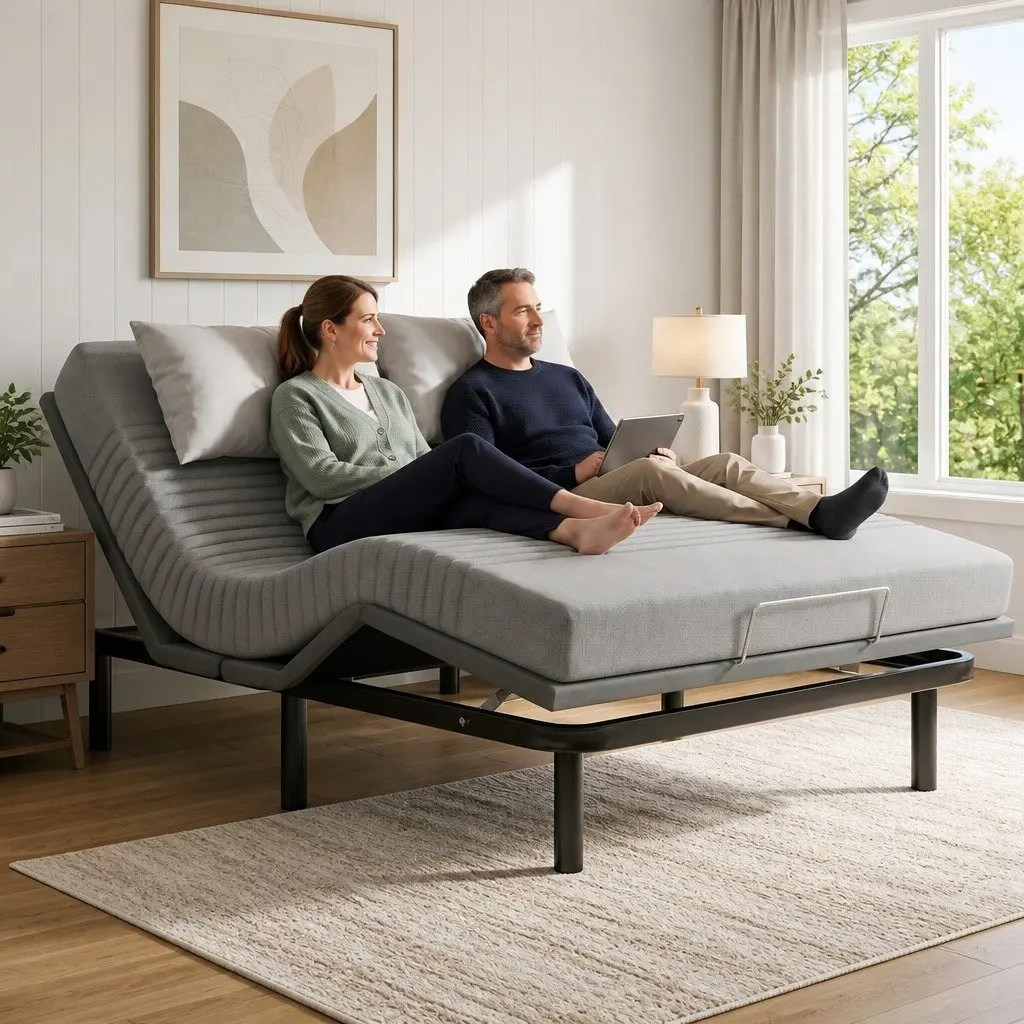 Electric Adjustable Bed Frame with 15cm Thick Memory Foam Mattress Set in Grey Bamboo Fabric for Customized Comfort and Support