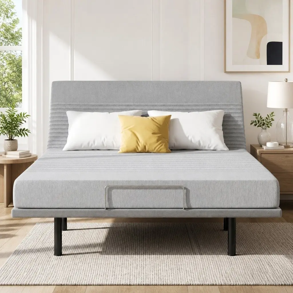Electric Adjustable Bed Frame with 15cm Thick Memory Foam Mattress Set in Grey Bamboo Fabric for Customized Comfort and Support