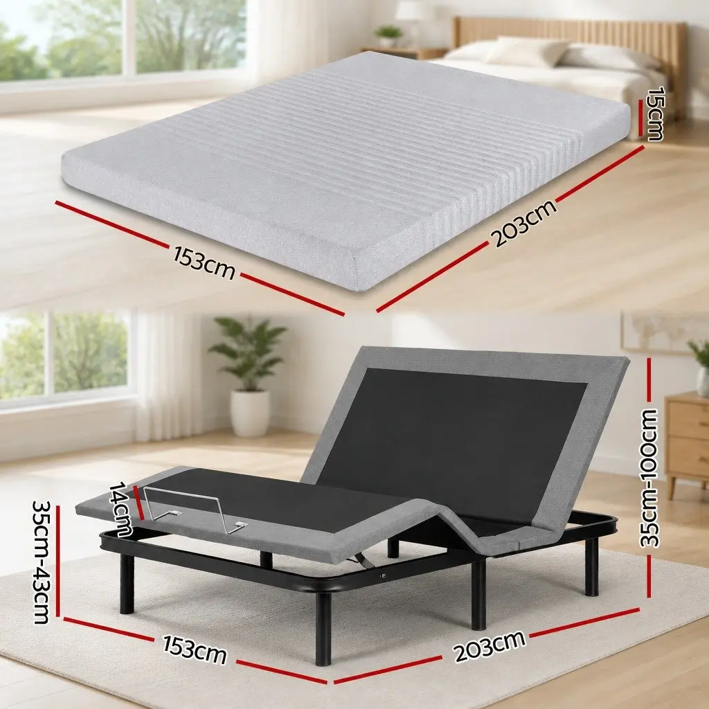 Electric Adjustable Bed Frame with 15cm Thick Memory Foam Mattress Set in Grey Bamboo Fabric for Customized Comfort and Support