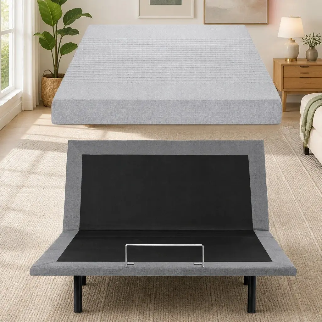 Electric Adjustable Bed Frame with 15cm Thick Memory Foam Mattress Set in Grey Bamboo Fabric for Customized Comfort and Support