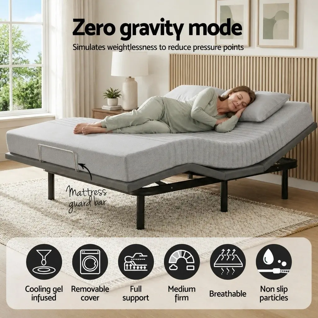 Electric Adjustable Bed Frame with 15cm Thick Memory Foam Mattress Set in Grey Bamboo Fabric for Customized Comfort and Support