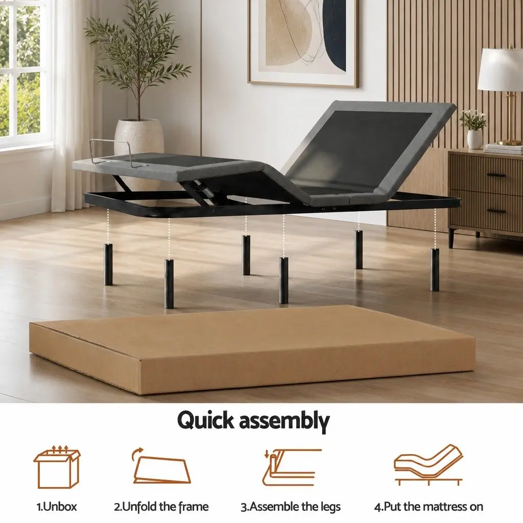 Electric Adjustable Bed Frame with 15cm Thick Memory Foam Mattress Set in Grey Bamboo Fabric for Customized Comfort and Support