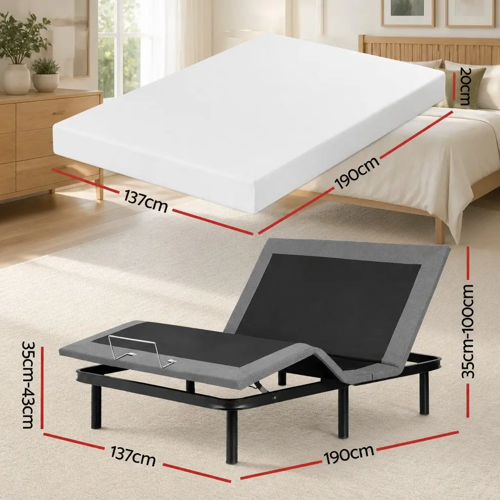 Double Electric Adjustable Bed Frame with Memory Foam Mattress Double Size Black Frame White Cover