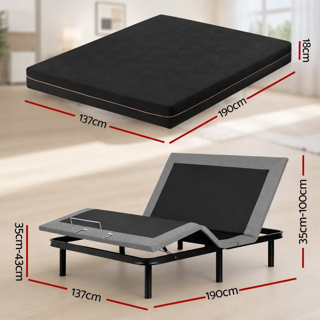 Double Adjustable Bed Frame with Memory Foam Mattress Black 18cm