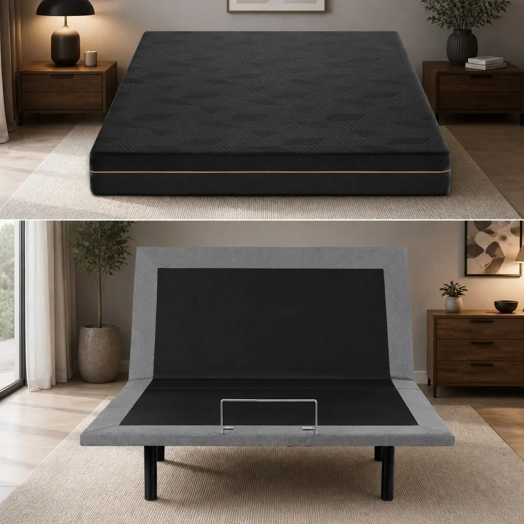 Double Adjustable Bed Frame with Memory Foam Mattress Black 18cm