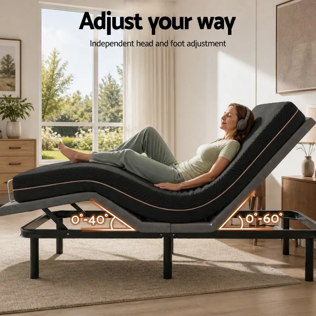 Double Adjustable Bed Frame with Memory Foam Mattress Black 18cm