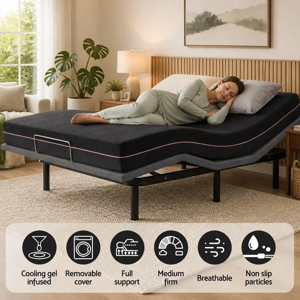 Double Adjustable Bed Frame with Memory Foam Mattress Black 18cm