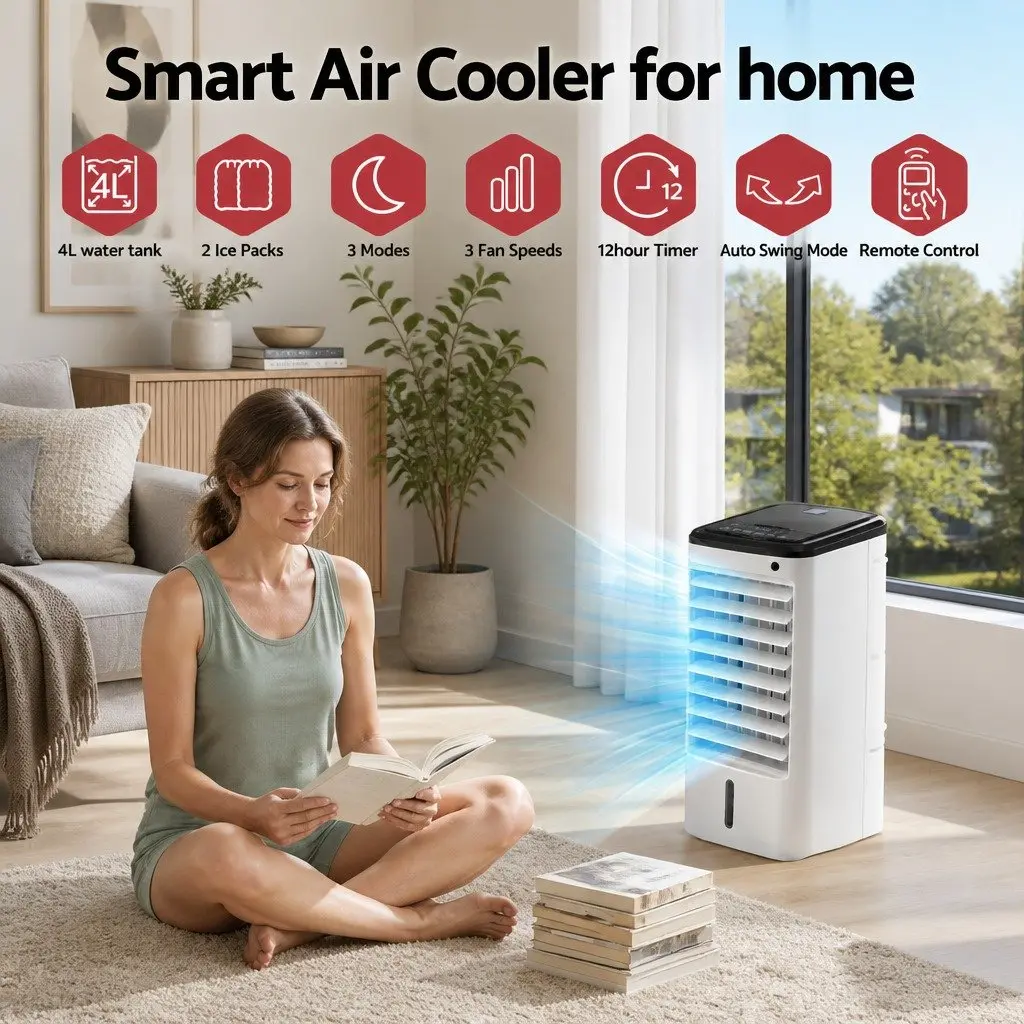 Evaporative Air Cooler 4L Tank 3-in-1 Humidifier Fan Remote Control White