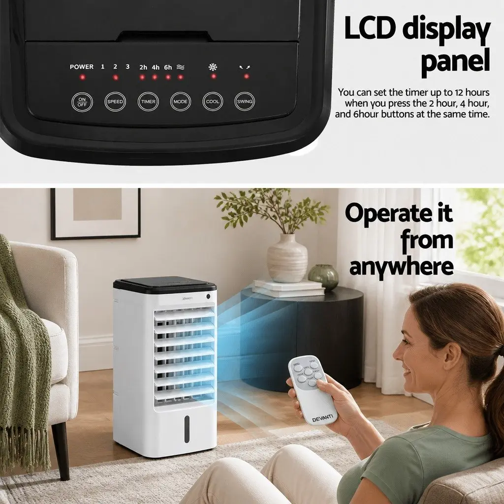 Evaporative Air Cooler 4L Tank 3-in-1 Humidifier Fan Remote Control White