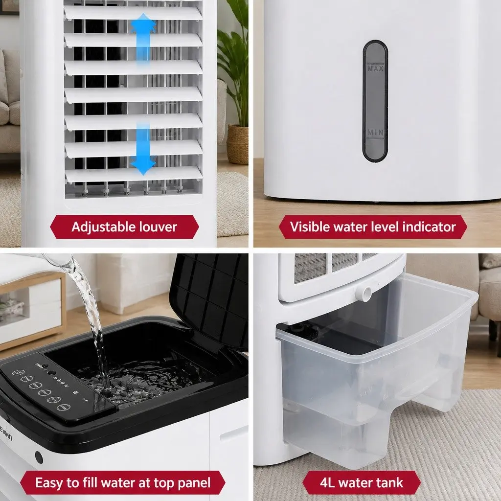 Evaporative Air Cooler 4L Tank 3-in-1 Humidifier Fan Remote Control White