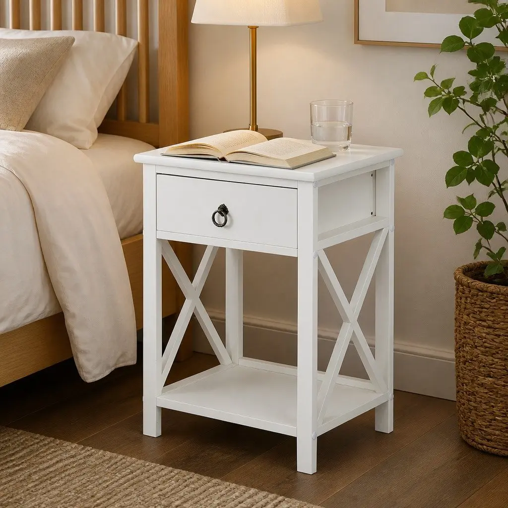 Bedside Table Paulownia Wood Modern 40.6cm x 30.5cm x 53cm White