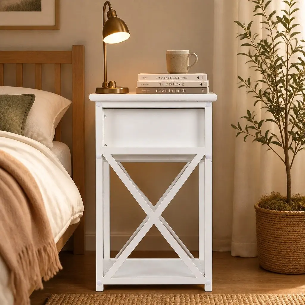 Bedside Table Paulownia Wood Modern 40.6cm x 30.5cm x 53cm White