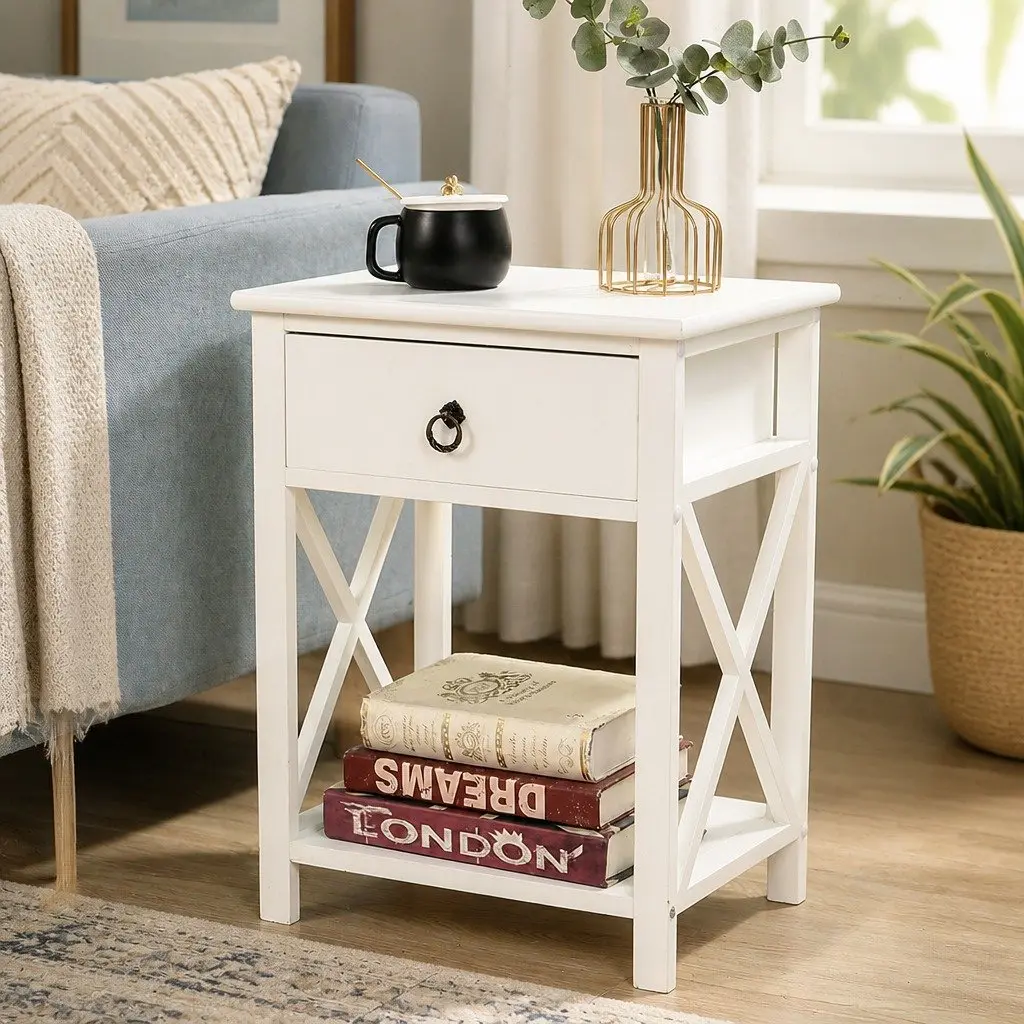 Bedside Table Paulownia Wood Modern 40.6cm x 30.5cm x 53cm White