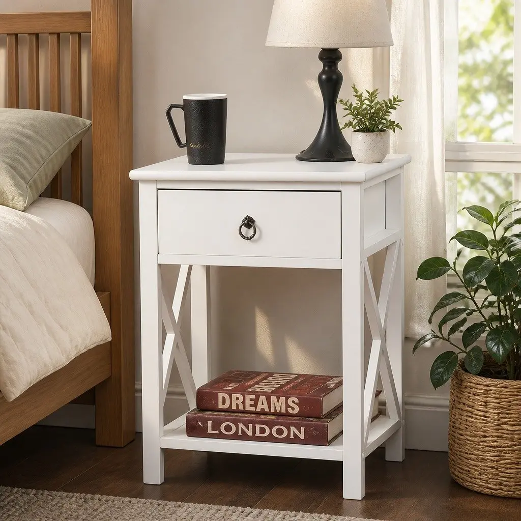 Bedside Table Paulownia Wood Modern 40.6cm x 30.5cm x 53cm White