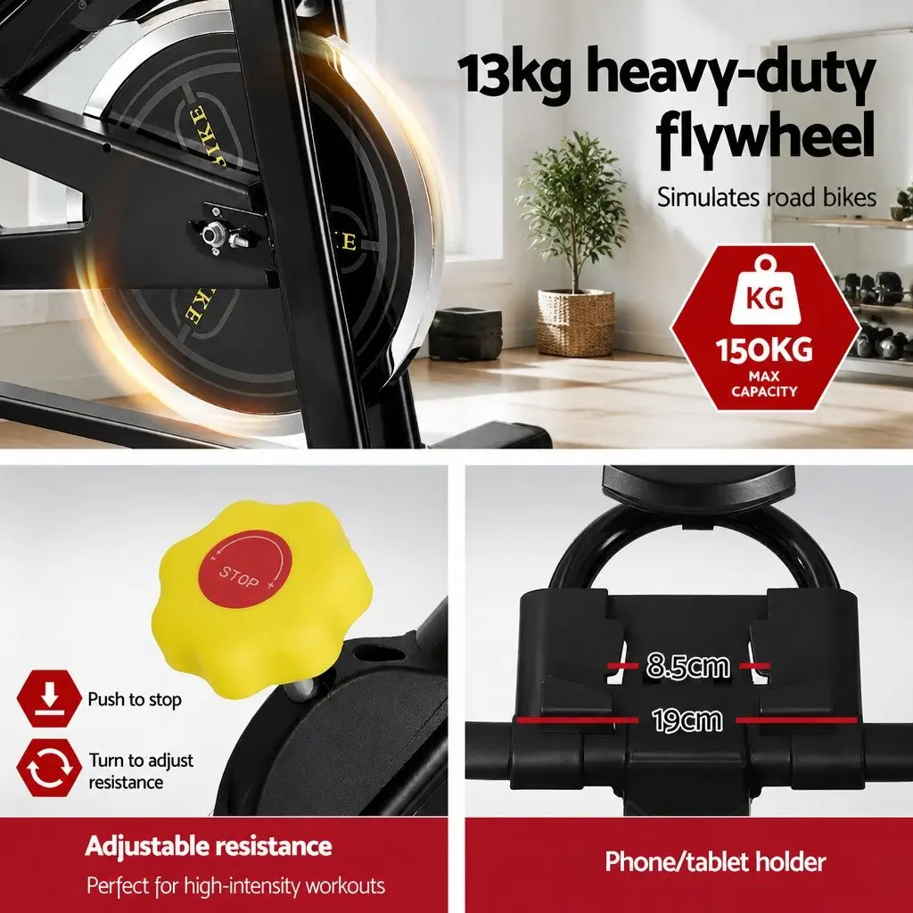 Adjustable Exercise Bike Bluetooth Connectivity 13kg Flywheel Cardio Home Gym Black