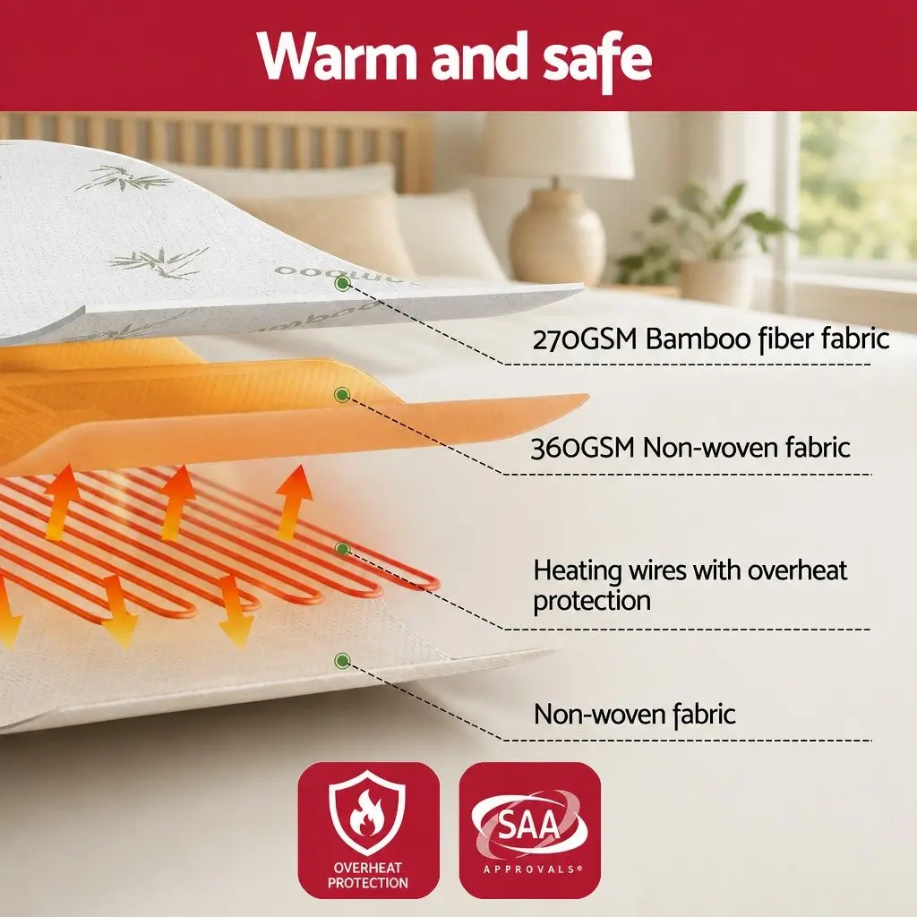 Electric Blanket Fitted Bamboo Fabric Double White Machine Washable